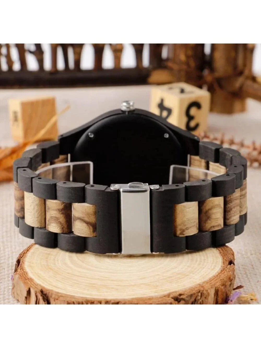 Men's Black Handmade Tree Pattern Lightweight Analog Quartz Wrist Wooden Watch